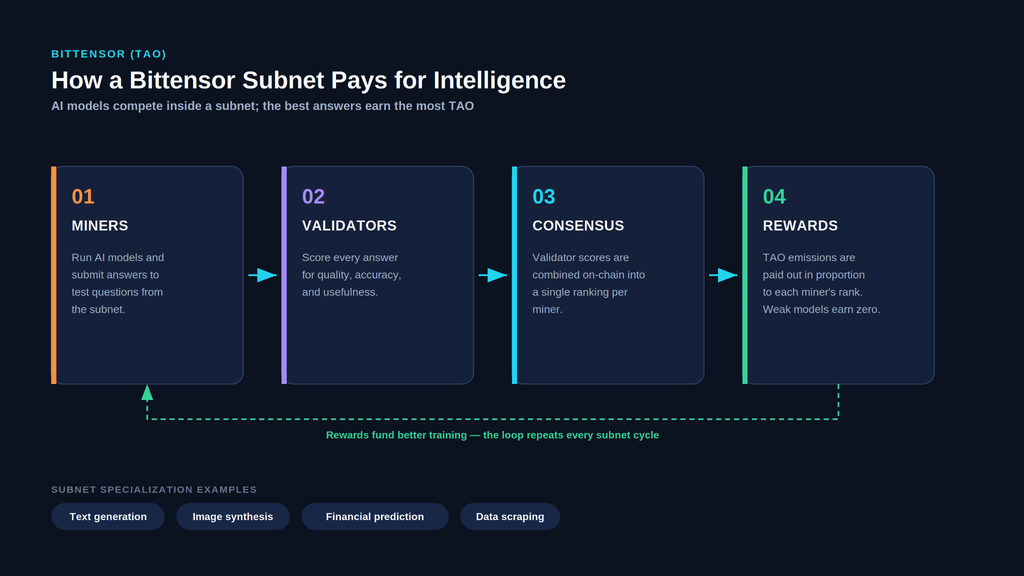 A four-step diagram of Bittensor’s subnet architecture: Miners run AI models, validators score their answers, consensus ranks miners on-chain, and rewards pay TAO tokens based on rank, with a feedback loop funding better training and subnet examples listed below.