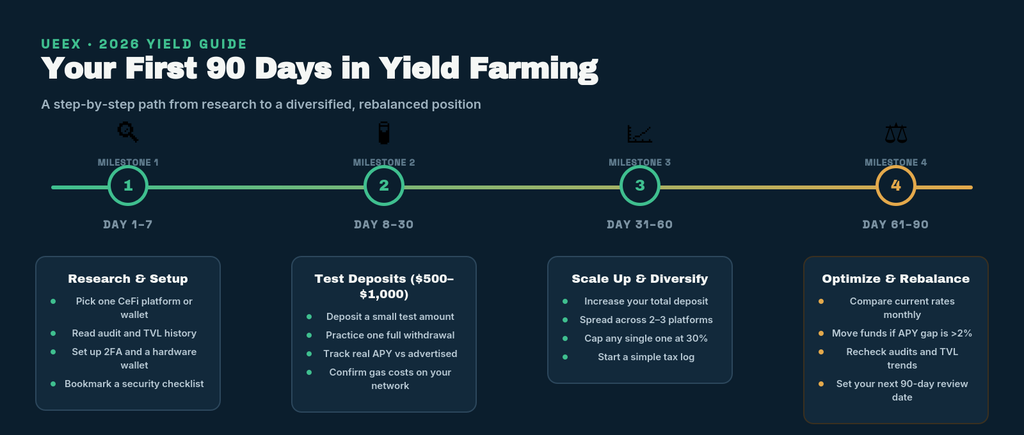 Four-stage timeline connecting four numbered circular milestones. Each milestone sits above a labeled day range, from day 1 to day 90, and a card below lists bulleted action steps: research and setup, test deposits, scale up and diversify, and optimize and rebalance.