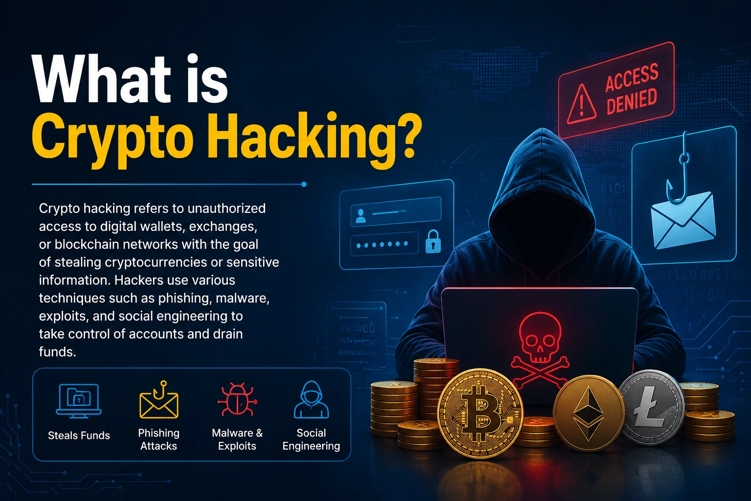 protect crypto from hackers; Infographic explaining crypto hacking as unauthorized access to digital assets, highlighting methods like phishing and malware.