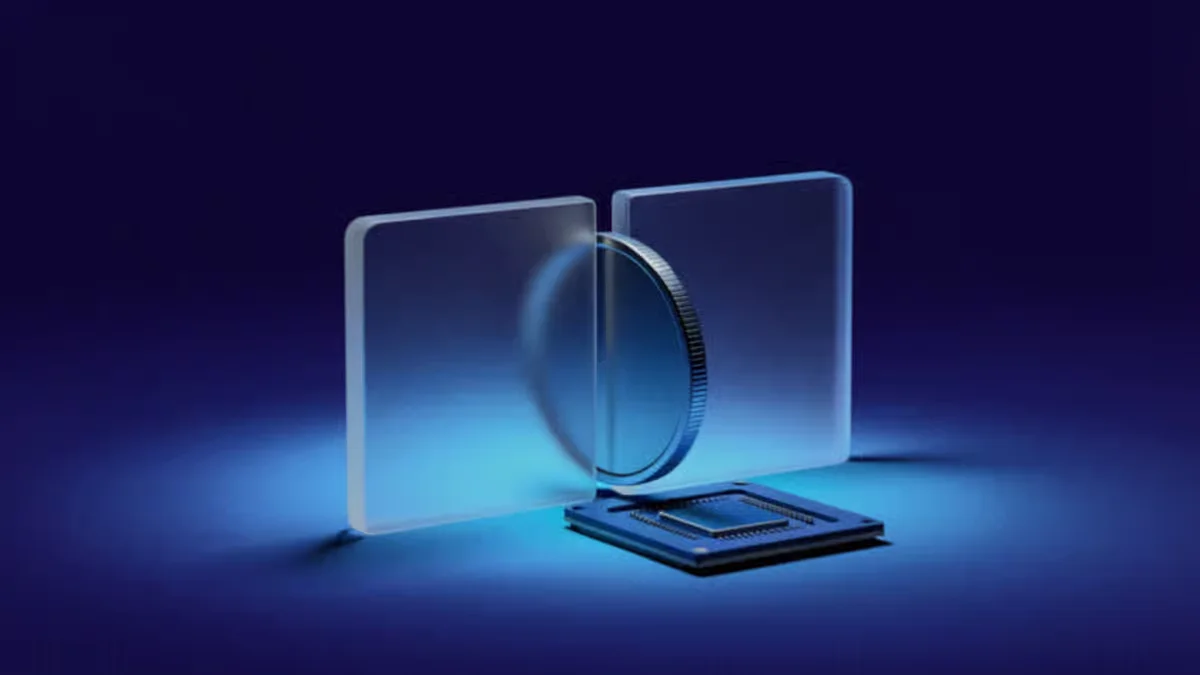 3D render of a coin between glass panels resting on a computer chip 