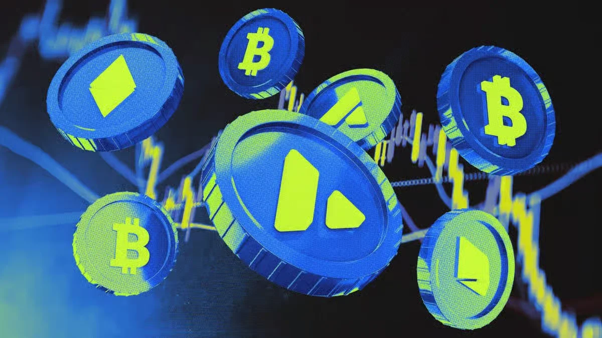 Blue and green illustrated crypto coins floating 